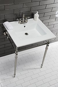 Kingston Brass KVPB25227W4PN Edwardian 25-Inch Console Sink with Brass Legs (4-Inch, 3 Hole), White/Polished Nickel