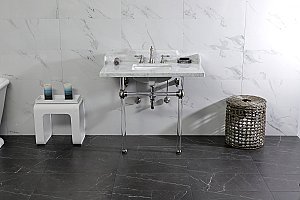 Kingston Brass LMS3630MASQ8 Pemberton 36" Carrara Marble Console Sink with Acrylic Legs, Marble White/Brushed Nickel