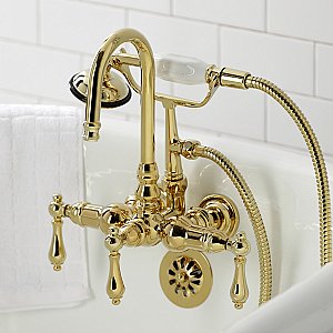 Kingston Brass CA7T2 Vintage 3-3/8" Tub Wall Mount Clawfoot Tub Faucet with Hand Shower, Polished Brass