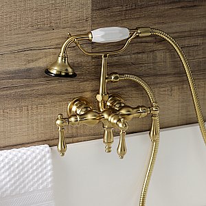 Kingston Brass AE19T7 Aqua Vintage 3-3/8 Inch Wall Mount Tub Faucet with Hand Shower, Brushed Brass
