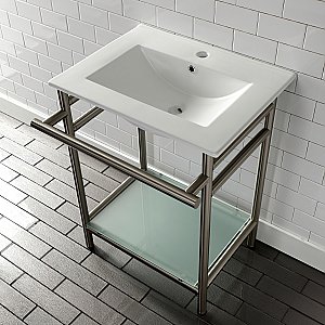 Kingston Brass VPB24187W18 24-Inch Ceramic Console Sink (1-Hole), White/Brushed Nickel