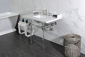 Kingston Brass LMS3630MASQ8 Pemberton 36" Carrara Marble Console Sink with Acrylic Legs, Marble White/Brushed Nickel