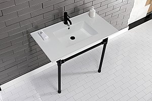 Kingston Brass KVPB3722710 Dreyfuss 37-Inch Console Sink with Stainless Steel Legs (Single Faucet Hole), White/Matte Black