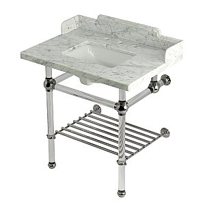 Kingston Brass LMS3030MASQB6 Pemberton 30" Console Sink with Acrylic Legs (8-Inch, 3 Hole), Marble White/Polished Nickel