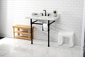 Kingston Brass LMS36M8SQ0ST Wesselman 36" Carrara Marble Console Sink with Stainless Steel Legs, Marble White/Matte Black