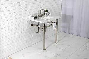 Kingston Brass LMS30MSQ6 Viceroy 30" Carrara Marble Console Sink with Stainless Steel Legs, Marble White/Polished Nickel