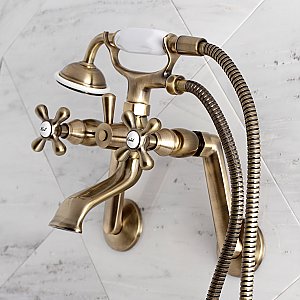 Kingston Brass KS269AB Kingston Tub Wall Mount Clawfoot Tub Faucet with Hand Shower, Antique Brass