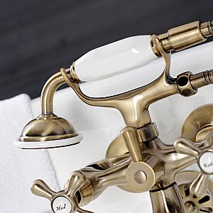 Kingston Brass KS225AB Kingston Wall Mount Clawfoot Tub Faucet with Hand Shower, Antique Brass
