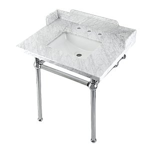 Kingston Brass LMS30MBSQ1 Pemberton 30" Carrara Marble Console Sink with Brass Legs, Marble White/Polished Chrome