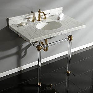 Kingston Brass KVPB3630MA7 Templeton 36" x 22" Carrara Marble Vanity Top with Clear Acrylic Console Legs, Carrara Marble/Brushed Brass