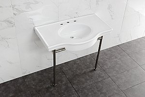 Fauceture VPB28140W8PN Manchester 37" Ceramic Console Sink with Stainless Steel Legs, White/Polished Nickel