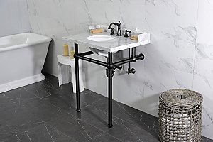 Kingston Brass LMS30MB0 Pemberton 30" Carrara Marble Console Sink with Brass Legs, Marble White/Matte Black