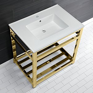 Kingston Brass VWP3122A2 Quadras 31-Inch Ceramic Console Sink (1-Hole), White/Polished Brass