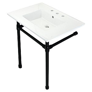 Kingston Brass KVPB31227W80 Dreyfuss 31" Console Sink with Stainless Steel Legs (8-Inch, 3 Hole), White/Matte Black