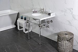 Kingston Brass LMS3030MA8 Pemberton 30" Carrara Marble Console Sink with Acrylic Legs, Marble White/Brushed Nickel