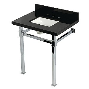 Kingston Brass KVPK30KSQ1 Monarch 30" Black Granite Console Sink with Stainless Steel Legs (8-Inch - 3-Hole) - Black Granite/Polished Chrome