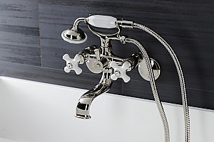 Kingston Brass KS266PXPN Kingston Wall Mount Clawfoot Tub Faucet with Hand Shower, Polished Nickel