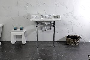 Kingston Brass LMS36MBSQ1 Pemberton 36" Carrara Marble Console Sink with Brass Legs, Marble White/Polished Chrome