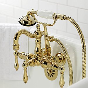 Kingston Brass CA1007T2 Heritage 3-3/8" Tub Wall Mount Clawfoot Tub Faucet with Hand Shower, Polished Brass