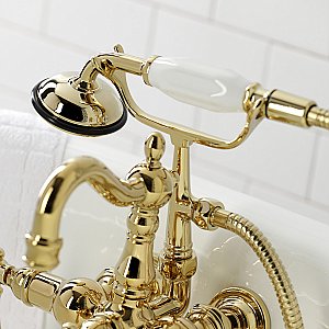 Kingston Brass CA1007T2 Heritage 3-3/8" Tub Wall Mount Clawfoot Tub Faucet with Hand Shower, Polished Brass