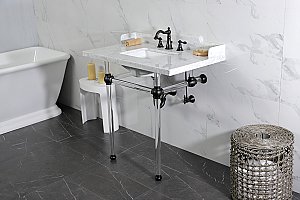 Kingston Brass LMS36MASQ0 Pemberton 36" Carrara Marble Console Sink with Acrylic Legs, Marble White/Matte Black