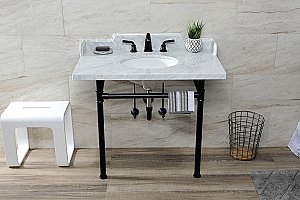 Kingston Brass LMS3622M80ST Wesselman 36" Carrara Marble Console Sink with Stainless Steel Legs, Marble White/Matte Black