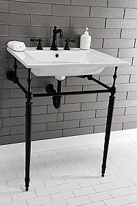 Kingston Brass KVPB25227W8MB Edwardian 25-Inch Console Sink with Brass Legs (8-Inch, 3 Hole), White/Matte Black