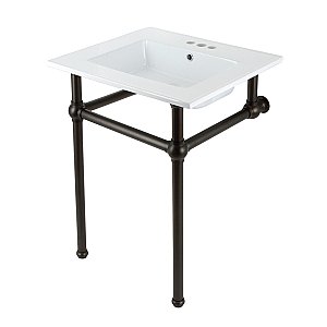 Kingston Brass KVBH25227W4B5 Addington 25" Console Sink with Brass Legs (4-Inch, 3 Hole), White/Oil Rubbed Bronze