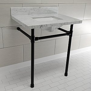 Kingston Brass KVPB30M8SQ0ST Dreyfuss 30" x 22" Carrara Marble Vanity Top with Stainless Steel Legs, Marble White/Matte Black