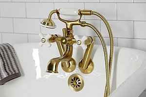 Kingston Brass KS229PXSB Kingston Tub Wall Mount Clawfoot Tub Faucet with Hand Shower, Brushed Brass