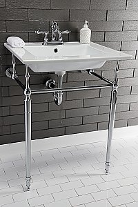 Kingston Brass KVPB25227W4CP Edwardian 25-Inch Console Sink with Brass Legs (4-Inch, 3 Hole), White/Polished Chrome