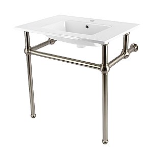 Kingston Brass KVBH312278 Addington 31" Console Sink with Brass Legs (Single Faucet Hole), White/Brushed Nickel