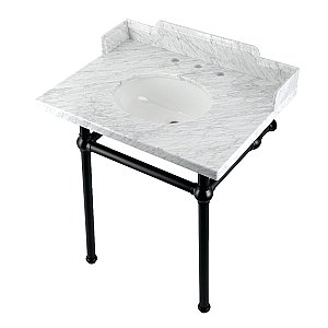 Kingston Brass LMS30MB0 Pemberton 30" Carrara Marble Console Sink with Brass Legs, Marble White/Matte Black
