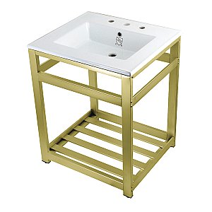 Kingston Brass VWP2522W8A7 Quadras 25-Inch Ceramic Console Sink (8-Inch, 3-Hole), White/Brushed Brass