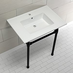 Kingston Brass KVPB3122710 Dreyfuss 31" Console Sink with Stainless Steel Legs (Single Faucet Hole), White/Matte Black