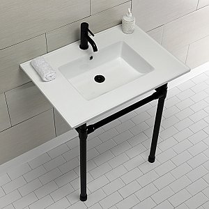 Kingston Brass KVPB3122710 Dreyfuss 31" Console Sink with Stainless Steel Legs (Single Faucet Hole), White/Matte Black