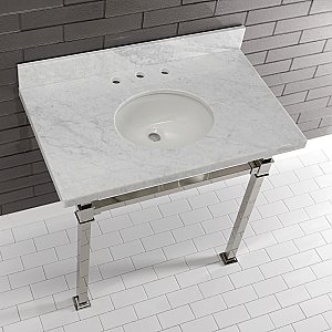 Kingston Brass KVPB36MOQ6 Monarch 36-Inch Carrara Marble Console Sink, Marble White/Polished Nickel