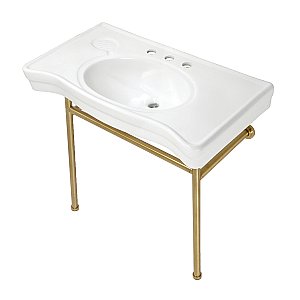 Fauceture VPB28140W87 Bristol 36" Ceramic Console Sink with Stainless Steel Legs, White/Brushed Brass