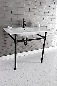Kingston Brass KVPB3722710 Dreyfuss 37-Inch Console Sink with Stainless Steel Legs (Single Faucet Hole), White/Matte Black