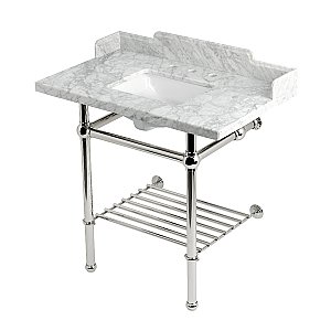 Kingston Brass LMS36MBSQB6 Pemberton 36" Console Sink with Brass Legs (8-Inch, 3 Hole), Marble White/Polished Nickel