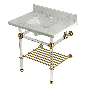 Kingston Brass KVPB3030MASQB7 Templeton 30" Console Sink with Acrylic Legs (8-Inch, 3 Hole), Carrara Marble/Brushed Brass