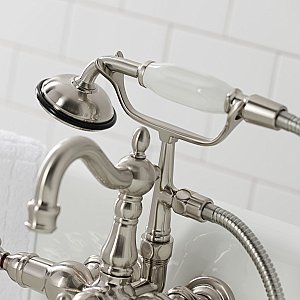 Kingston Brass CA1011T8 Heritage 3-3/8" Tub Wall Mount Clawfoot Tub Faucet with Hand Shower, Brushed Nickel