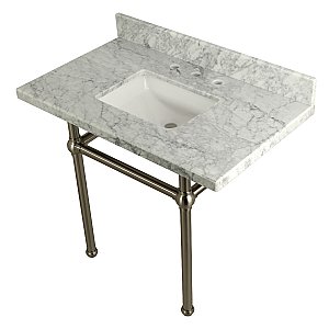 Kingston Brass KVPB3630MBSQ8 Templeton 36" x 22" Carrara Marble Vanity Top with Brass Console Legs, Carrara Marble/Brushed Nickel