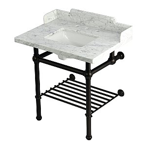 Kingston Brass LMS3030MBSQB5 Pemberton 30" Console Sink with Brass Legs (8-Inch, 3 Hole), Marble White/Oil Rubbed Bronze