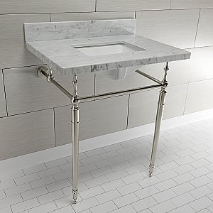 Kingston Brass KVPB3022M8SQ6 Edwardian 30" Console Sink with Brass Legs (8-Inch, 3 Hole), Marble White/Polished Nickel
