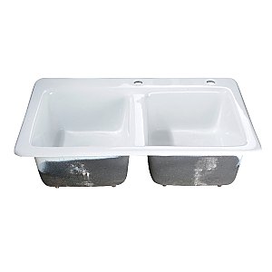 Gourmetier GT33229D2 Petra Galley 33-Inch Cast Iron Double Bowl Drop-In Kitchen Sink, 2-Hole, White