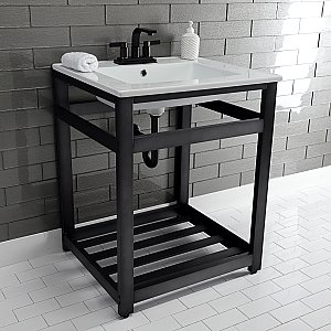 Kingston Brass VWP2522W4A0 Quadras 25-Inch Ceramic Console Sink (4-Inch, 3-Hole), White/Matte Black