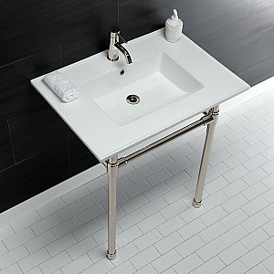 Kingston Brass KVPB3122716 Dreyfuss 31" Console Sink with Stainless Steel Legs (Single Faucet Hole), White/Polished Nickel
