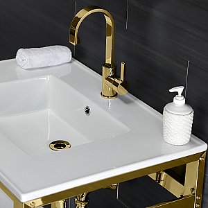 Kingston Brass VWP3122A2 Quadras 31-Inch Ceramic Console Sink (1-Hole), White/Polished Brass