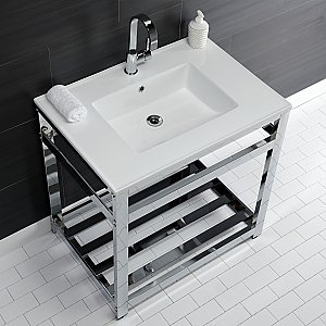 Kingston Brass VWP3122A1 Quadras 31-Inch Ceramic Console Sink (1-Hole), White/Chrome